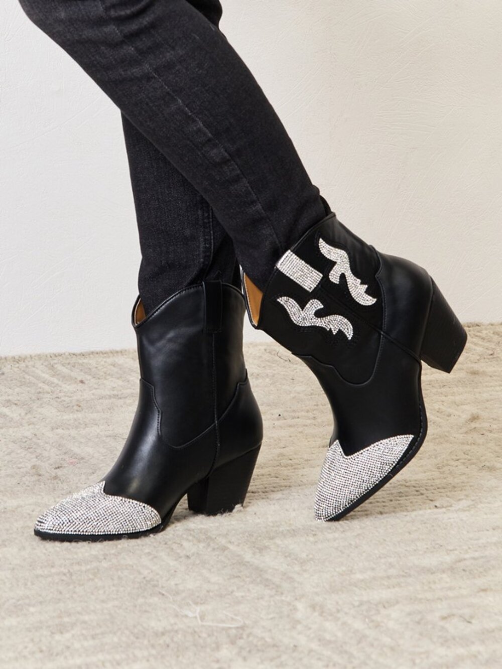 Black Rhinestone Pointed Toe Ankle Boots | Western Block Heel